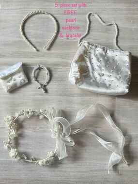 🤍 5-piece / Girls' White & Cream First Communion Set -🌟 FREE necklace / bracelet